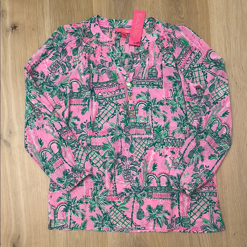 New Lilly Pulitzer Elsa Pink and Green Tropical Blouse